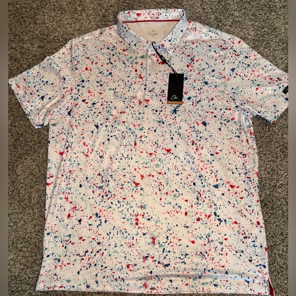 Men's Obla Red White & Blue Splatter NWT Performance Golf Polo - Picture 2 of 4